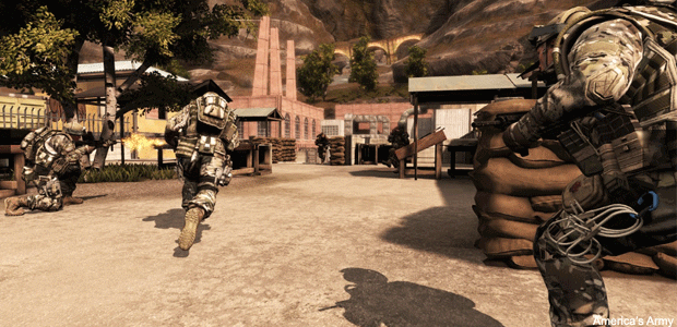 Soldiers take up positions in a town square during a military gaming and simulation development